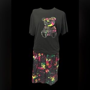NWOT- Unisex Black T-Shirt with Reflective Bear Design and matching shorts